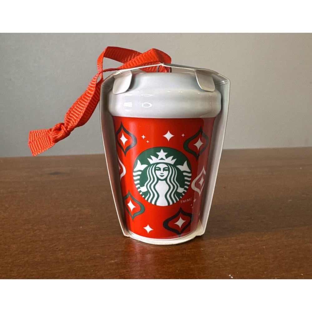 Starbucks Christmas Ornament Hot Cup 2023 Ceramic NIB MCM Design